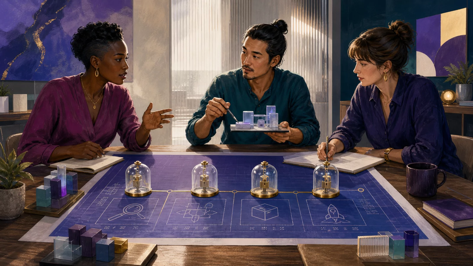 A business owner, AI Advisor, and neutral Project Manager work around a plan with four protected milestones