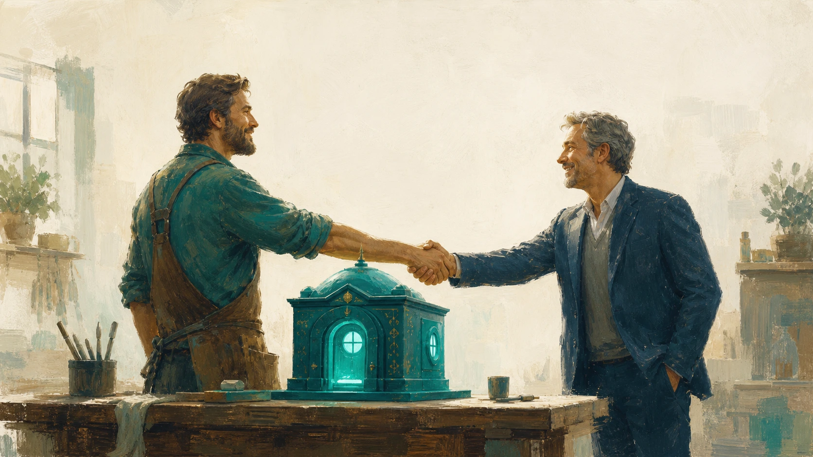 A builder shaking hands with a client after finishing a project