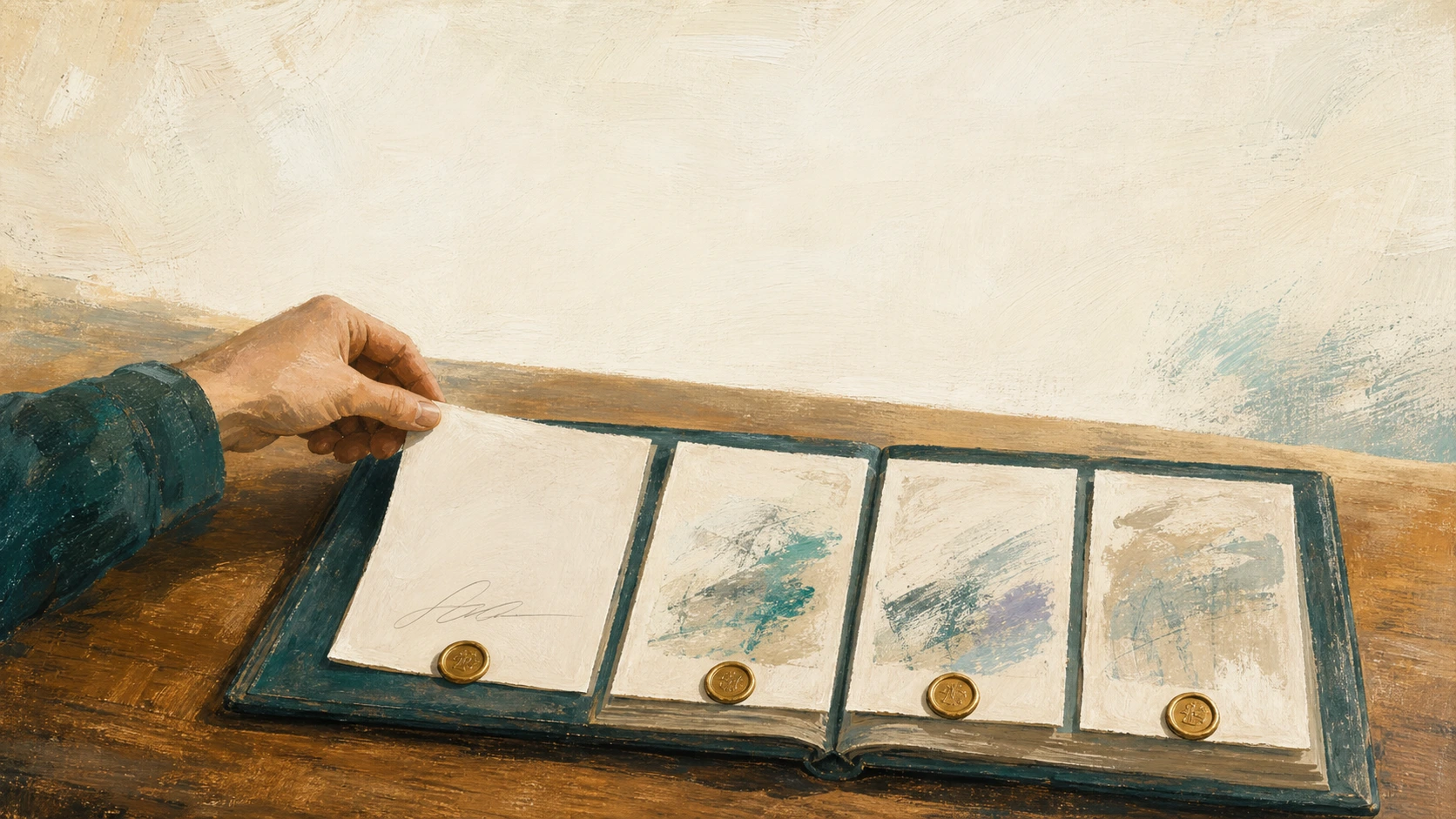 A signed page placed into an organized ledger beside other completed, sealed pages
