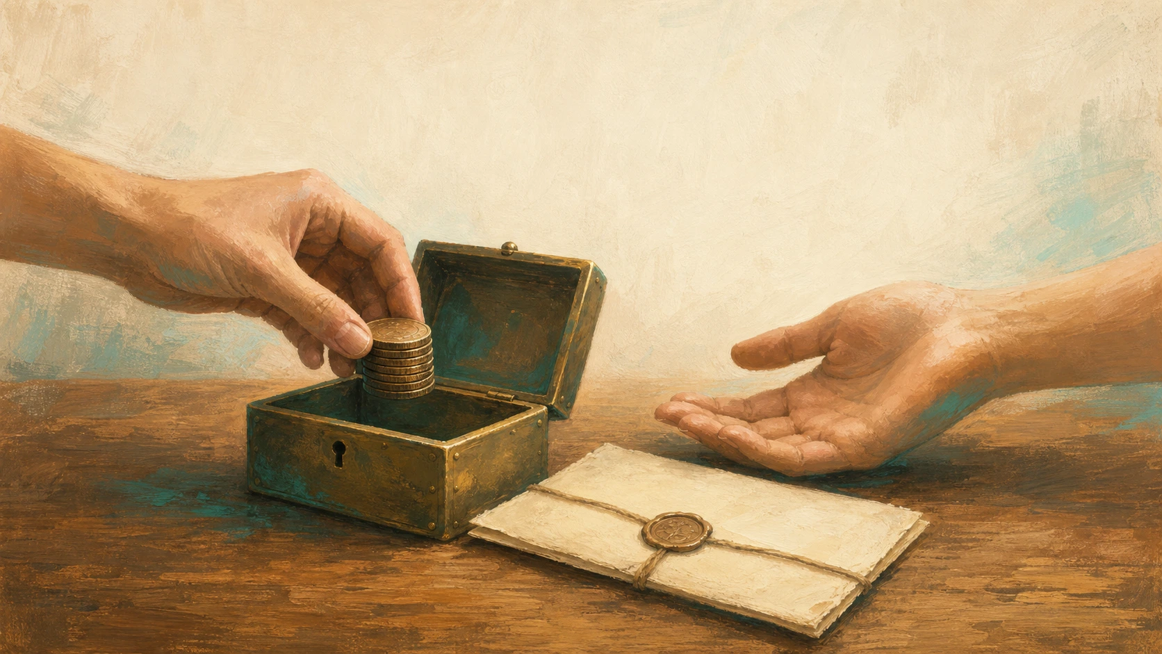 A hand placing coins in a strongbox beside a sealed, completed agreement
